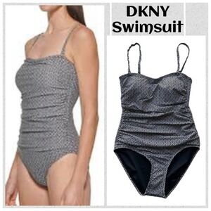 DKNY Swimsuit One Piece Black White Geo Small Bandeau UPF SPF Stretch Straps